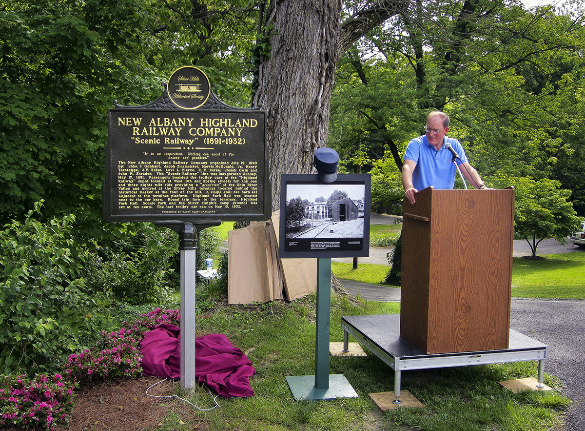 The marker is unveiled after a  short speech is given detailing the history of the Scenic Railway trolley car line.